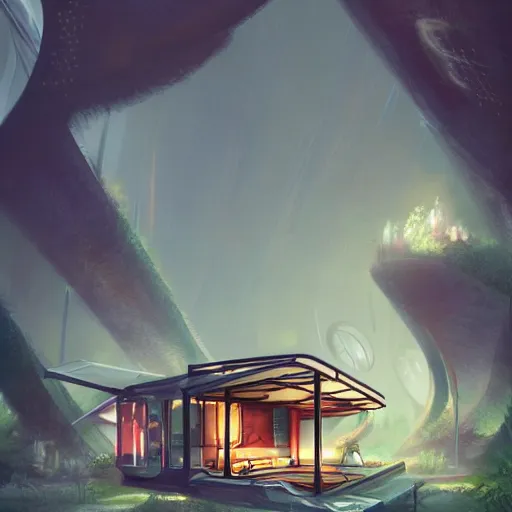 Prompt: a futuristic shack in the middle of an alien jungle, science fiction, concept art, sci fi, trending on artstation