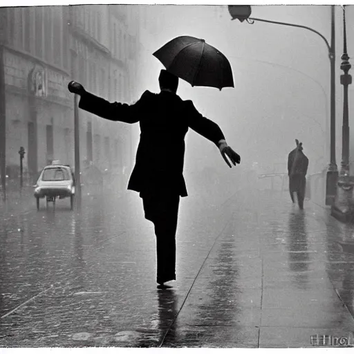 Image similar to the man leaping with an umbrella in a raining paris street, by henri cartier bresson,