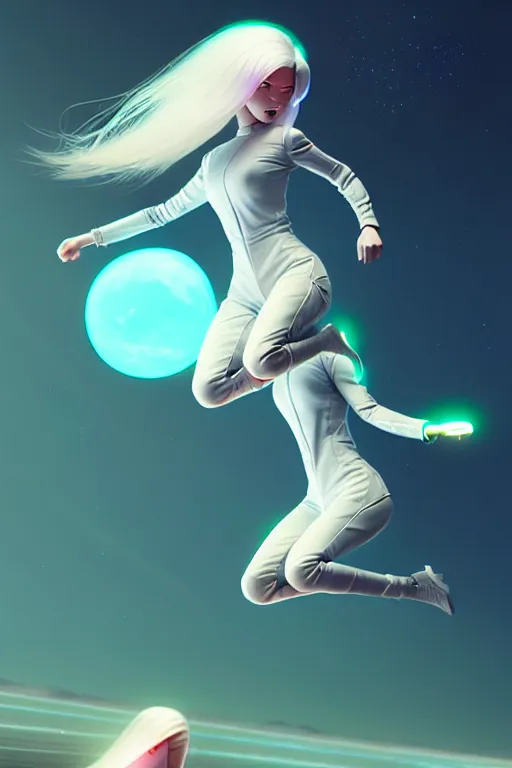 Image similar to android women jumping, scifi, futuristic design, bae suzy, long white hair, character design, cinematic lighting, highly detailed, by beeple, goro fujita, smooth gradient.