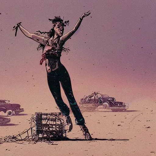 Prompt: post - apocalyptic dancer in the wasteland, toxic dust storm, by moebius and geof darrow