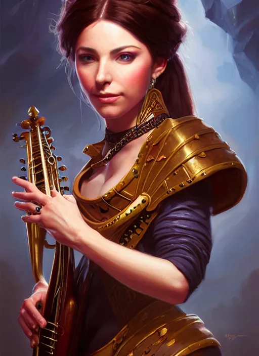 Image similar to a _ fantasy _ style _ portrait _ painting _ of female charismatic bard playing instrument, rpg dnd oil _ painting _ unreal _ 5 _ daz. _ rpg _ portrait _ extremely _ detailed _ artgerm _ greg _ rutkowski _ greg