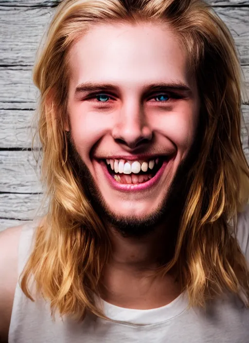 Image similar to blonde young guy with scary smile and completely purple catlike eyes