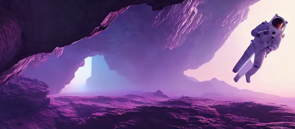 Prompt: one astronaut on purple [ [ [ crystal ] ] ] caves, beautiful dynamic lighting, cinematic, wide angle establishing shot, extremely high detail, photo realistic, cinematic lighting, post processed, concept art, artstation, matte painting, style by frederic church, raphael lacoste, unreal engine 8 k, roger deakins