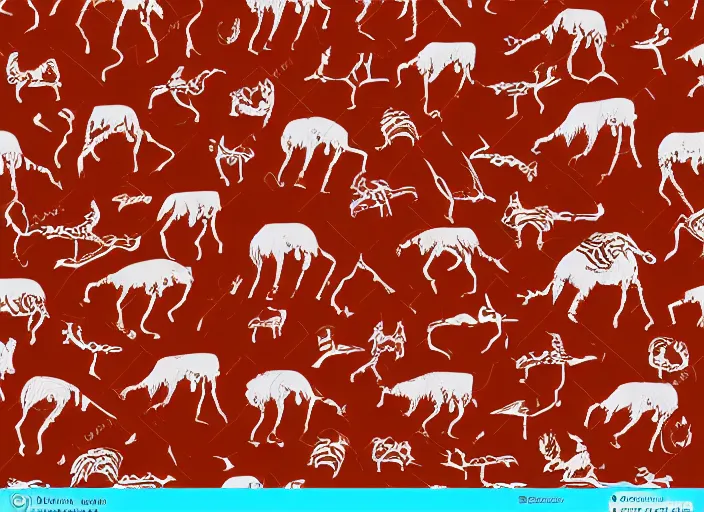 Image similar to painted pattern which figures of ancient hunters mammoths and ancient vw buses, rock cave painting, red ocher, finger painting