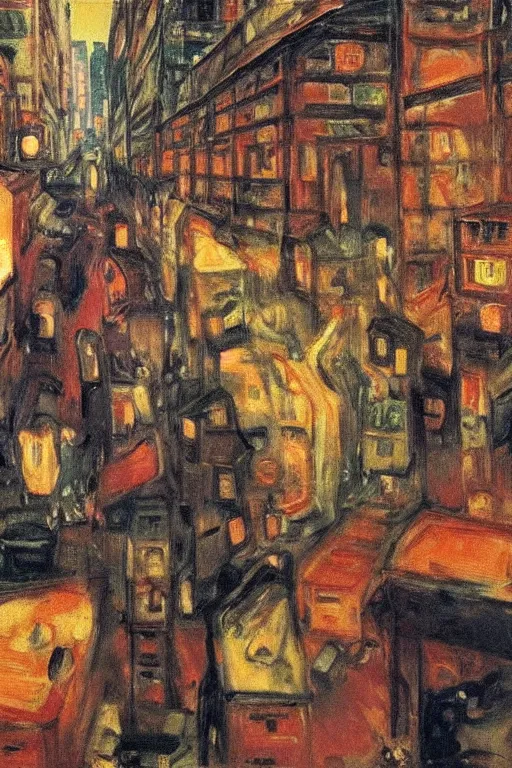 Image similar to extreme anxiety in kowloon walled city, oil painting by edvard munch