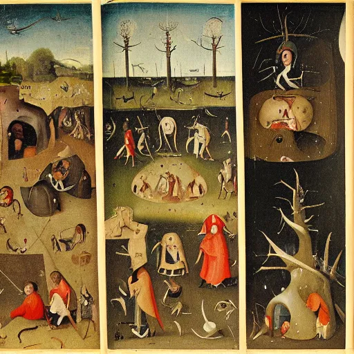 Prompt: book page of Where’s Waldo in the style of Hieronymus Bosch, Waldo is walking