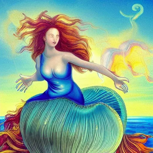 Prompt: The computer art depicts the moment when the goddess Venus is born from the sea. She is shown standing on a giant clam shell, with her long, flowing hair blowing in the wind. The computer art is full of light and color, and Venus looks like she is about to step into a beautiful, bright future. Aaahh!!! Real Monsters, Harry Potter by Raina Telgemeier doom