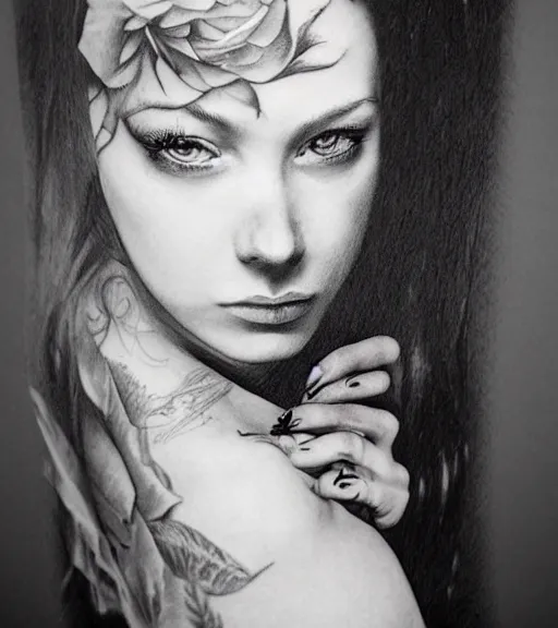 Image similar to a beautiful girl portrait, faded mountain background, realism tattoo, in the style of den yakovlev, black and white, hyper realistic, highly detailed