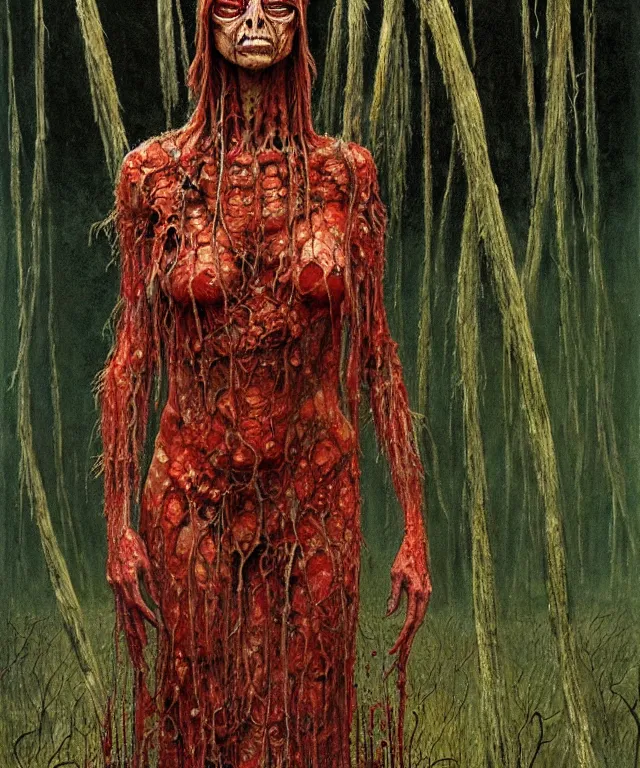 Image similar to a detailed mantiswoman stands among the swamps. wearing a ripped mantle, robe. perfect faces, extremely high details, realistic, fantasy art, solo, masterpiece, art by hermann nitsch, zdzislaw beksinski, dariusz zawadzki, giger, dragan bibin