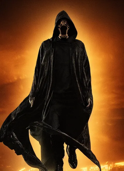 Image similar to dark figure wearing black robe with subtle trim gold accents hooded skull cyberpunk bladerunner 2049 movie still (2017)