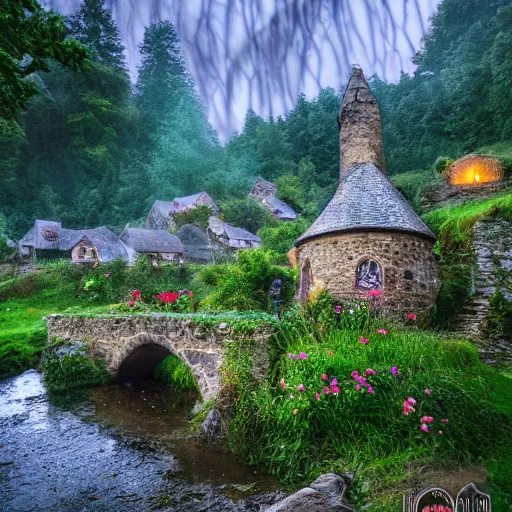 Prompt: medieval hobbit village, ornate, beautiful, atmosphere, vibe, mist, smoke, fire, chimney, rain, wet, pristine, puddles, waterfall, melting, dripping, snow, creek, lush, ice, bridge, stew, loaves, green, stained glass, forest, roses, flowers, color page, 4 k, contest winner