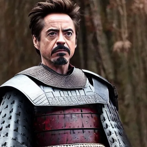 Prompt: Robert John Downey Jr as samurai , an film still