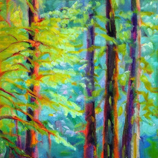 Prompt: impressionist landscape of a pacific northwest forest colorful oil painting