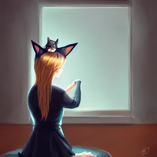 Prompt: woman with cat ears writing on a blackboard, school blackboard, oil painting, digital art, cat ears, by wpol, by artgerm, beautiful lighting, by rob rey, by greg rutkowski, trending on artstation