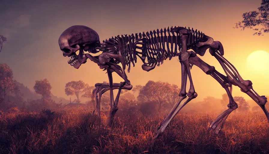 Prompt: hyper realistic highly detailed nature photography of skeleton zombies, prehistoric planet, volumetric lighting, octane render, 4 k resolution, golden hour