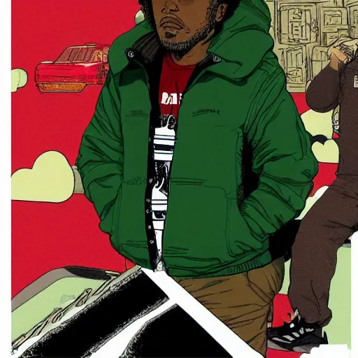 Image similar to illustration by katsuhiro otomo, black man with afro hair, raspy beard stubble, wearing an adidas army green jacket, in the streets of tokyo, akira style, by katsuhiro otomo