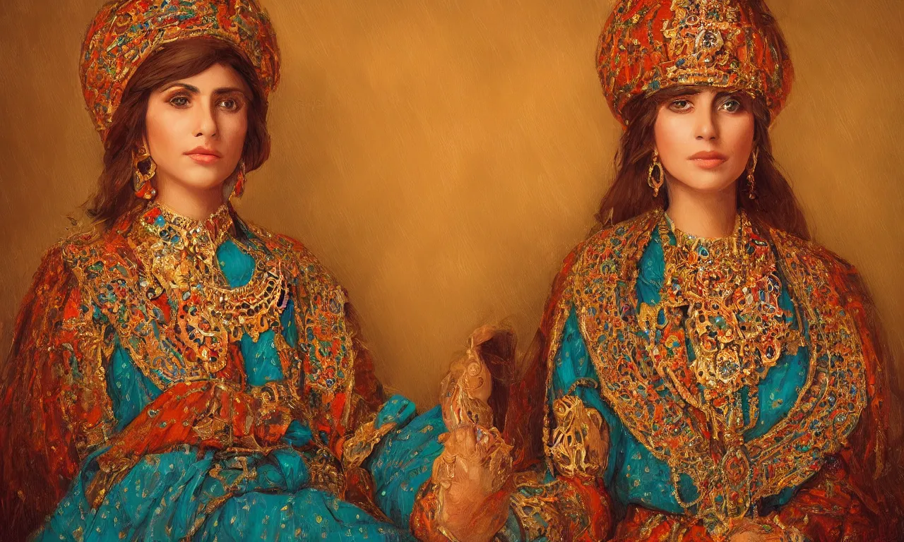 Prompt: stunning awe-inspiring portrait of a lady in traditional Armenian attire, wearing highly detailed jewelries and ornaments, beautiful face, beautiful portrait lighting, teal and orange colored background with traditional lampstands and furnitures, artstation, smooth portrait