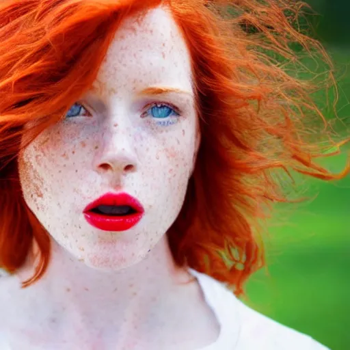 Image similar to Close up photo of the left side of the head of a redhead woman with gorgeous blue eyes and wavy long red hair, red detailed lips and freckles who looks directly at the camera. Slightly open mouth. Whole head visible and covers half of the frame, with a park visible in the background. 135mm nikon.