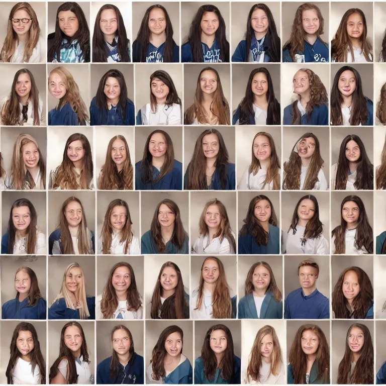 Prompt: high school yearbook rows of portraits