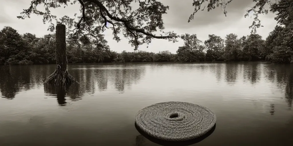 Image similar to centered photograph of a long rope snaking across the surface of the water, floating submerged rope stretching out towards the center of the lake, a dark lake on a cloudy day, mood, trees in the background, hyperedetailed photo, anamorphic lens