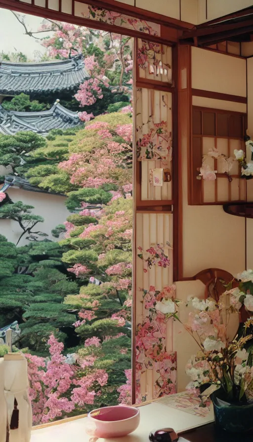 Prompt: 1 9 9 0 s candid 3 5 mm photo of a beautiful day in the a dreamy japanese flowery cottage designed by gucci, cinematic lighting, cinematic look, golden hour, a desk for flower arrangements and journaling has sun shinning on it through a window, temple in the distance, photographed by petra collins, uhd