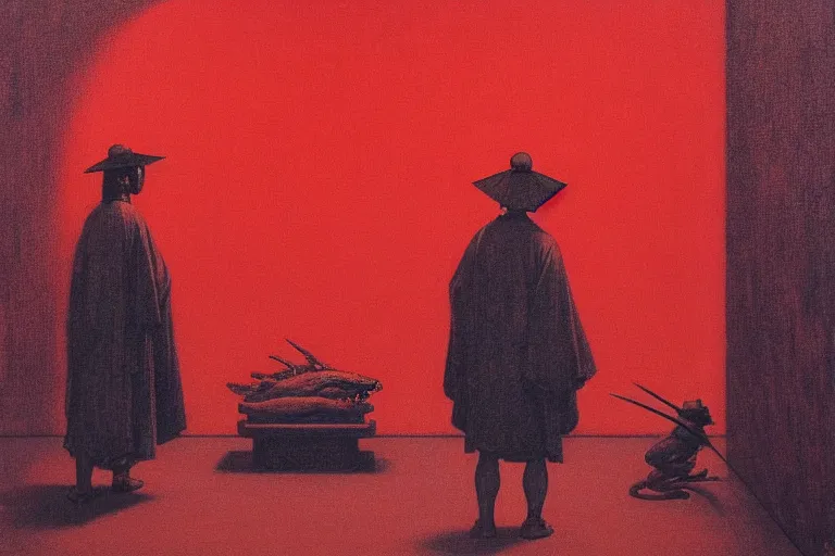 Image similar to only with red, a red samurai harakiri, tokio, a lot of frogs watch, in the style of beksinski, parts by edward hopper, parts by rodcenko, parts by yue minjun, intricate and epic composition, red by caravaggio, insanely quality, highly detailed, masterpiece, red light, artstation, 4 k