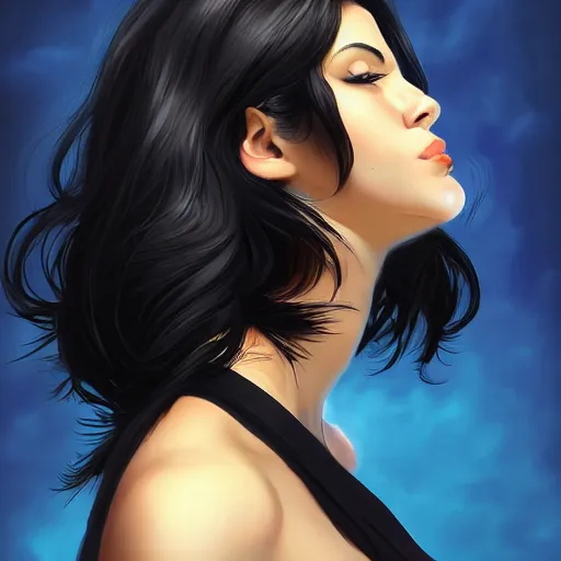 Image similar to a stunning upper body portrait of a beautiful woman with black hair blowing in the wind by marvel comics, digital art, trending on artstation