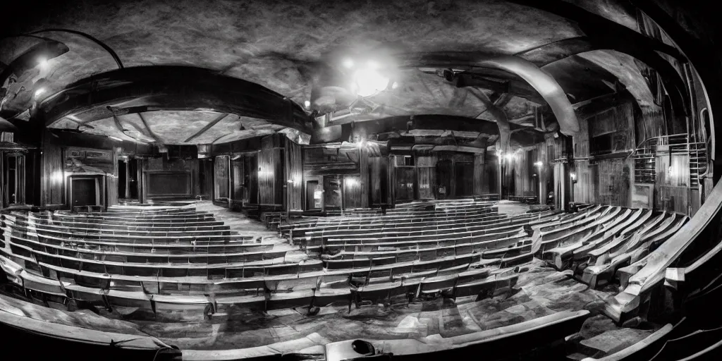 Image similar to a dimly lit, theater hall, 3 doors, 1 staircase, day of the tentacle style, fish eye