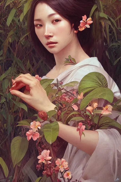 Image similar to ultra realistic illustration, banana plants drawing and flowers, japanese's art style, elegant, highly detailed, digital painting, concept art, smooth, sharp focus, illustration, art by greg rutkowski and alphonse mucha