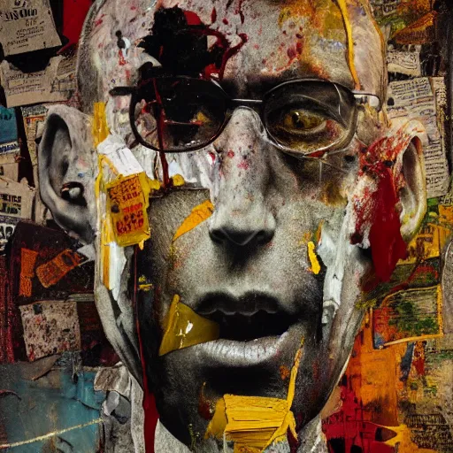 Prompt: hyperrealistic, photorealistic, mixed media oil painting of william s burroughs, magazine scraps, plaster, blood, oil, mustard, splatter, greg rutkowski, basquiat, ralph steadman, wesley kimler