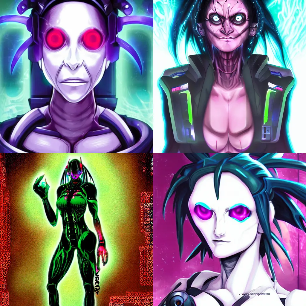 Prompt: shodan from system shock, as an anime woman, key art, high quality