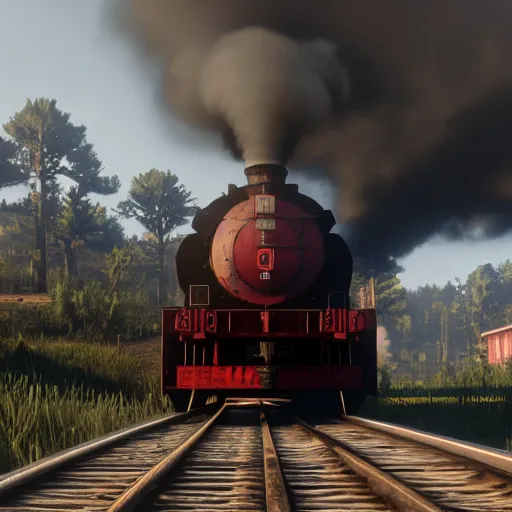 Image similar to A train in red dead redemption 2, screenshot, high quality image, widescreen, in-game engine, 8k, octane render