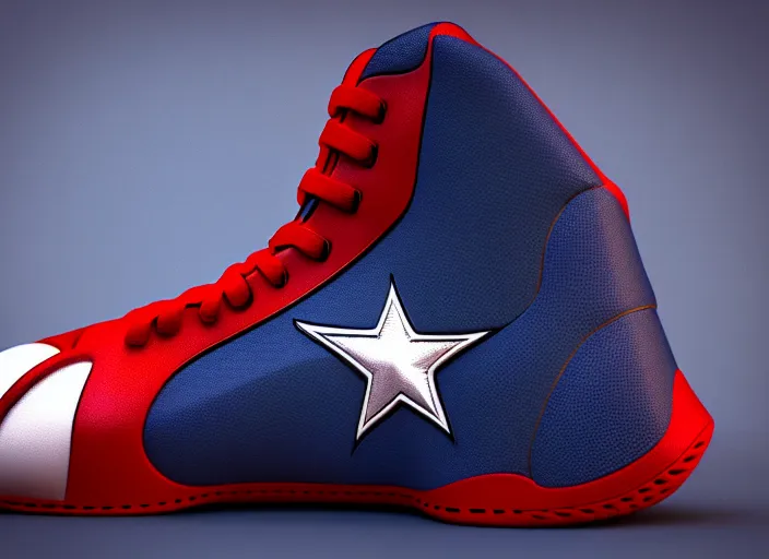 Image similar to basketball sneakers concept of captain america, picture by tim burton, render, cinema 4 d, octane render