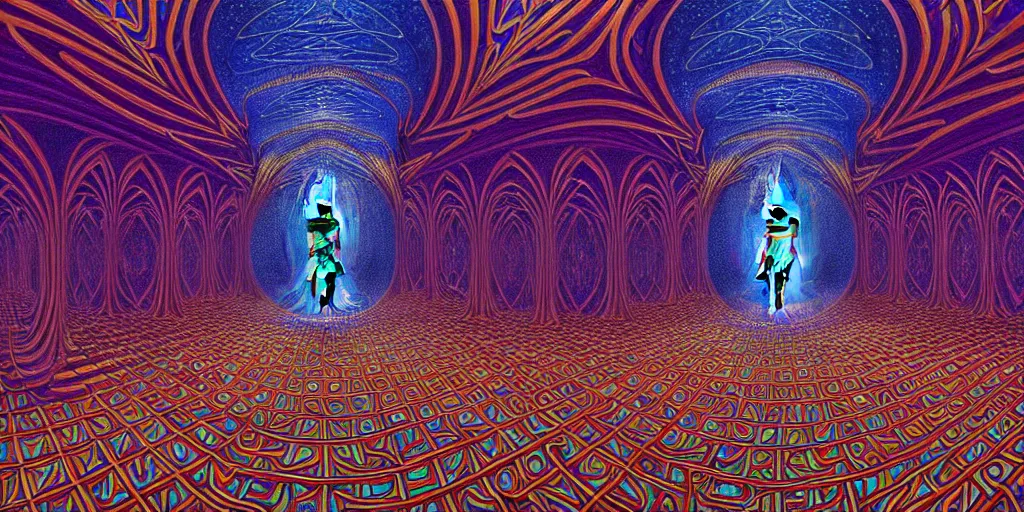 Prompt: cinematic view of the inside of a dmt cathedral filled with intricate and perfect patterns surrounded by infinite rooms, moebius, alex grey, oil on canvas, masterpiece, trending on artstation, featured on pixiv, cinematic composition, sharp, details, hyper - detailed, hd, hdr, 4 k, 8 k