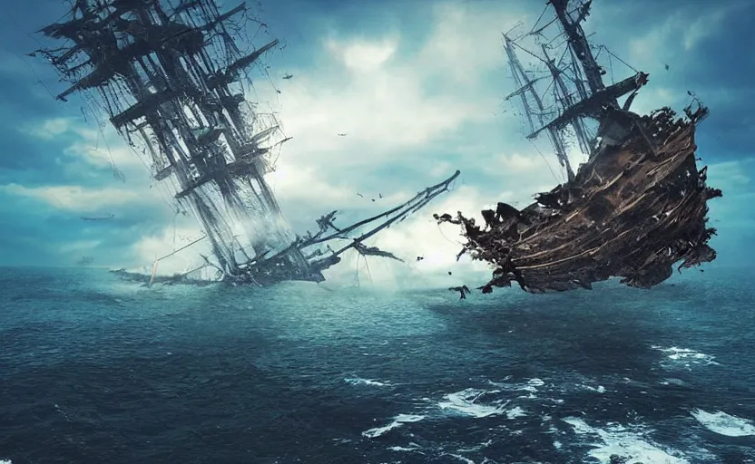 Image similar to “Pirate ship wreck falling from the sky, 4k, cinematic, award winning”