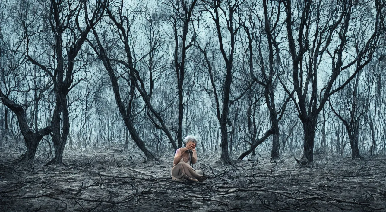 Prompt: 65-year-old woman made of trees crying one emotionless tear, facing the camera and sitting on a dried up river in a desolate land, blue sky, hot and sunny, highly-detailed, elegant, dramatic lighting, artstation, 4k, cinematic landscape, photograph by Elizabeth Gadd