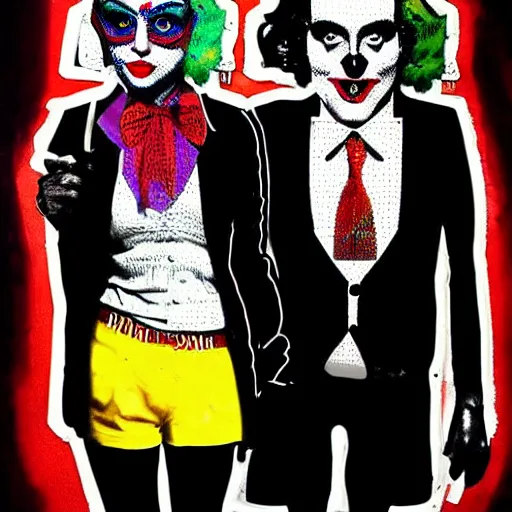 Prompt: mimmo rottela and banksy as joaquin phoenix skinny joker holding hand lady gaga harley queen, ultra photorealistic, intricate details, pop art style, concept art, 3 colors, 4 d, smooth, sharp focus