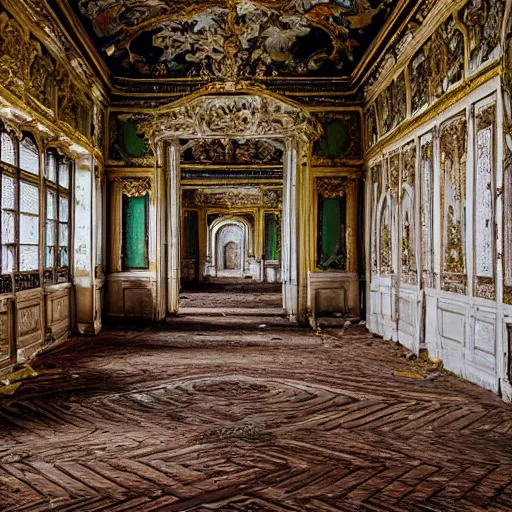 Image similar to inside opulent abandoned overgrown Palace of Versailles ,rich with epic details