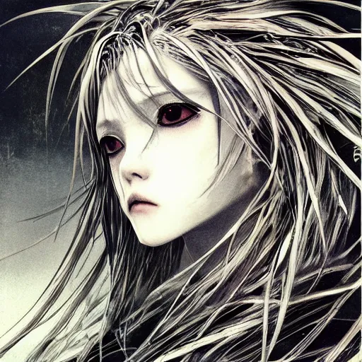 Image similar to Yoshitaka Amano realistic illustration of an anime girl with wavy white hair fluttering in the wind and cracks on her face wearing Elden ring armour with the cloak, abstract black and white patterns on the background, noisy film grain effect, highly detailed, Renaissance oil painting, weird portrait angle