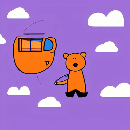 Image similar to cartoon animated bear wearing clothes being launched out of a futuristic machine into a purple and orange cloud land