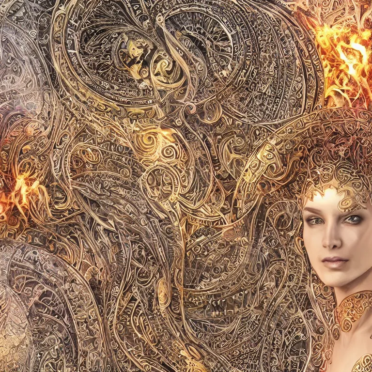 Image similar to octane render portrait by wayne barlow and carlo crivelli and glenn fabry, a high - end chrome android with intricate gold and silver detailing in the style of henna face tattoos, inside a complex mandala pattern made out of colorful flames, volumetric lighting and light rays, cinema 4 d, ray traced lighting, very short depth of field, bokeh