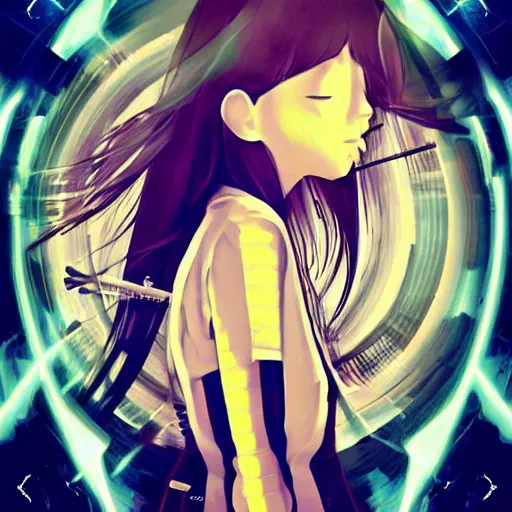 Image similar to Frequency indie album cover, luxury advertisement, yellow filter. Clean and detailed post-cyberpunk sci-fi close-up schoolgirl in asian city in style of cytus and deemo, blue flame, relaxing, calm and mysterious vibes, by Tsutomu Nihei, by Yoshitoshi ABe, by Ilya Kuvshinov, by Greg Tocchini, nier:automata, set in half-life 2, Matrix, GITS, Blade Runner, Neotokyo Source, Syndicate(2012), dynamic composition, beautiful with eerie vibes, very inspirational, very stylish, with gradients, surrealistic, dystopia, postapocalyptic vibes, depth of field, mist, rich cinematic atmosphere, perfect digital art, mystical journey in strange world, beautiful dramatic dark moody tones and studio lighting, shadows, bastion game, arthouse