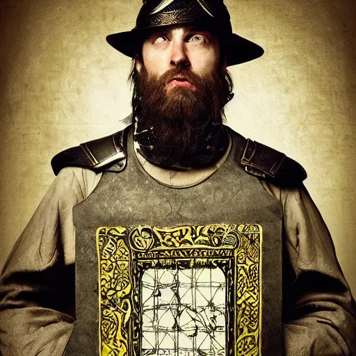 Image similar to Closeup of frustrated and acerbic male medieval sergeant with a {short} beard wearing a {black and yellow tabard} over a steel breastplate and a black gambeson looking up from a map on a table, intricate, dramatic lighting illustration by Greg Rutkowski, {perfect face}, {perfect eyes}, fantasy