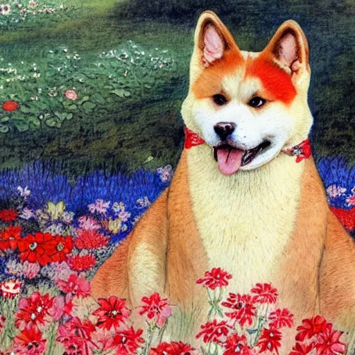 Image similar to a red akita inu wearing a kimono, in a field of flowers, painting in the style of warwick goble, highly detailed