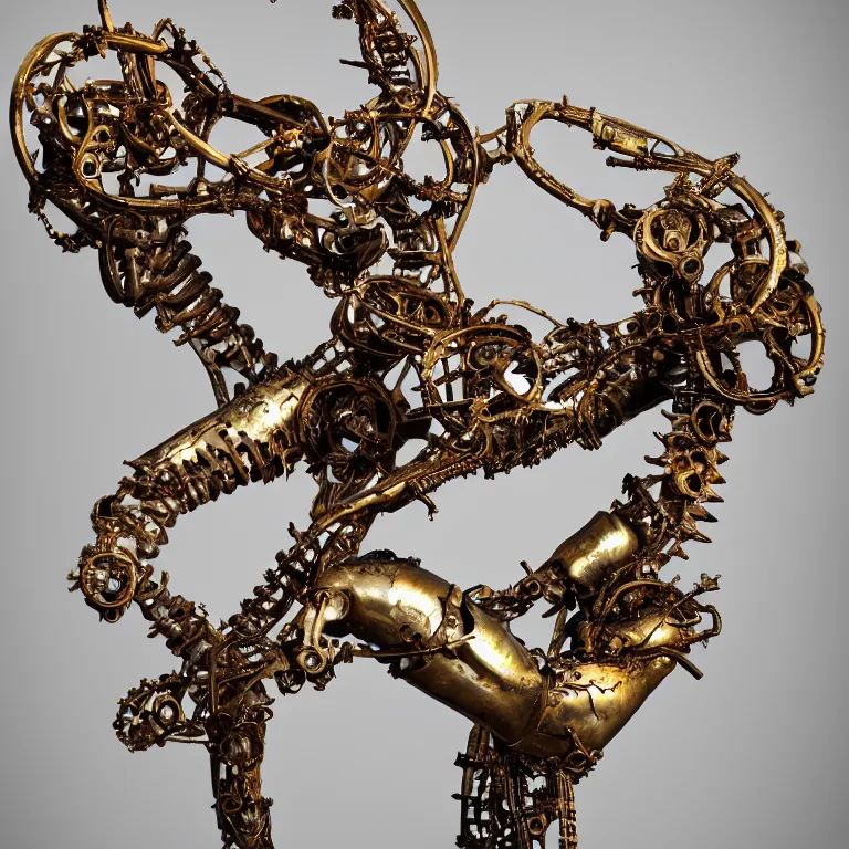 Image similar to studio photograph of biomechanical sculpture of the letter a made out of polished bronze and jewels, beautiful trending on artstation 8 k