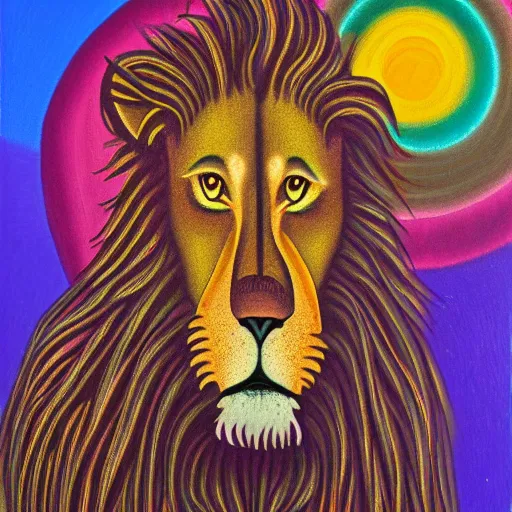 Prompt: an anthromorphic lion man meditating in an african zen garden, by amanda clark in a psychedelic style, oil on canvas