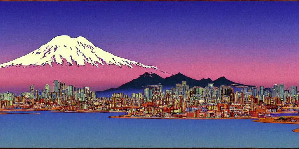 Image similar to skyline of a large metropolis, mount rainier looming in the background, acid and dreaming psychedelic hallucinations, by kawase hasui, moebius and edward hopper, hd, 8 k, artstation, sharp focus, smooth, masterpiece