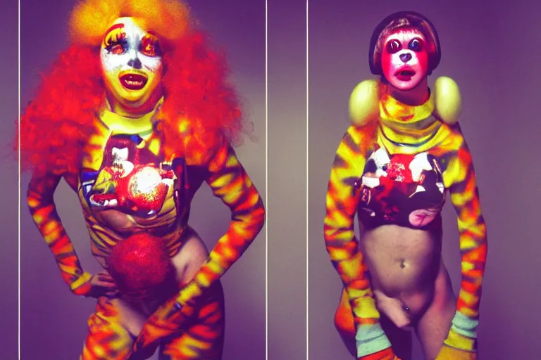 Image similar to cute clowngirl in clowncore cyberspace, fractal, in 2 0 5 5, y 2 k cutecore clowncore, low - light photography, bathed in the glow of a crt monitor, terry richardson photoshoot