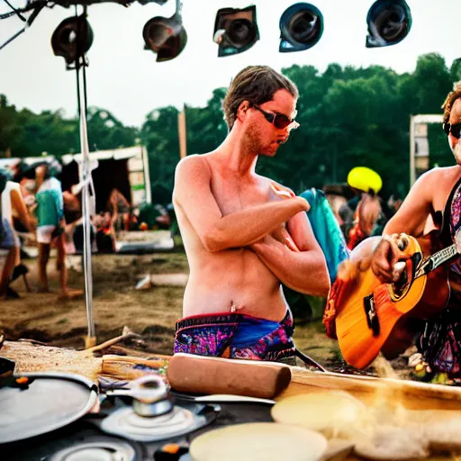 Prompt: scandy and arender, cooking it up, hot hot hot, splash, ahhhhhhh, roomies, bohemian digitals, playing a live gig at ozora festival, over the shoulder photograph, huge crowd, ecstatic, photography