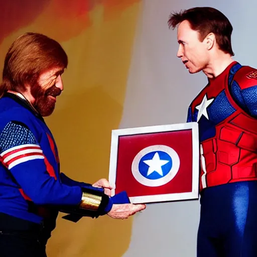 Image similar to uhd hyperdetailed candid photo of cosmic chuck norris dressed as captain america, wearing extremely intricate costume, receiving an award from elon musk. photo by annie leibovitz